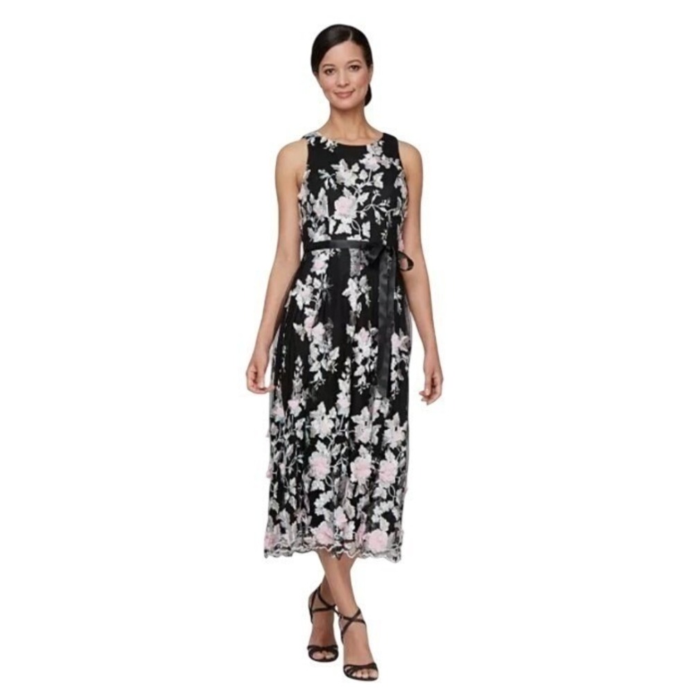 Alex Evenings Womens Size 8 Black Lace Embroidered Floral Sleeveless Dress NWT‎